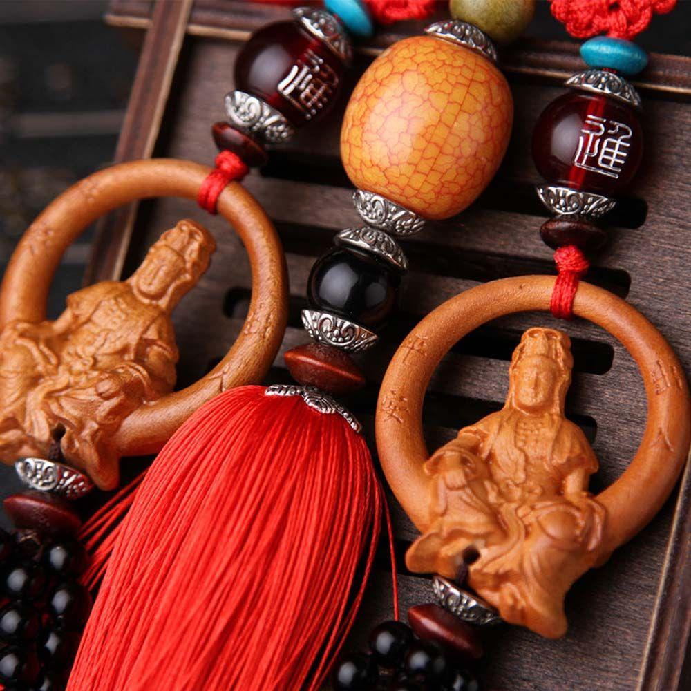 Dây Treo Trang Trí Xe Hơi / Gương Chiếu Hậu Bằng Gỗ Đào Khắc Chữ Happy Buddha