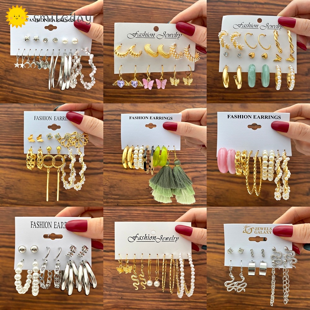 Bộ khuyên tai dạng vòng đính đá thời trang nữ xinh xắn