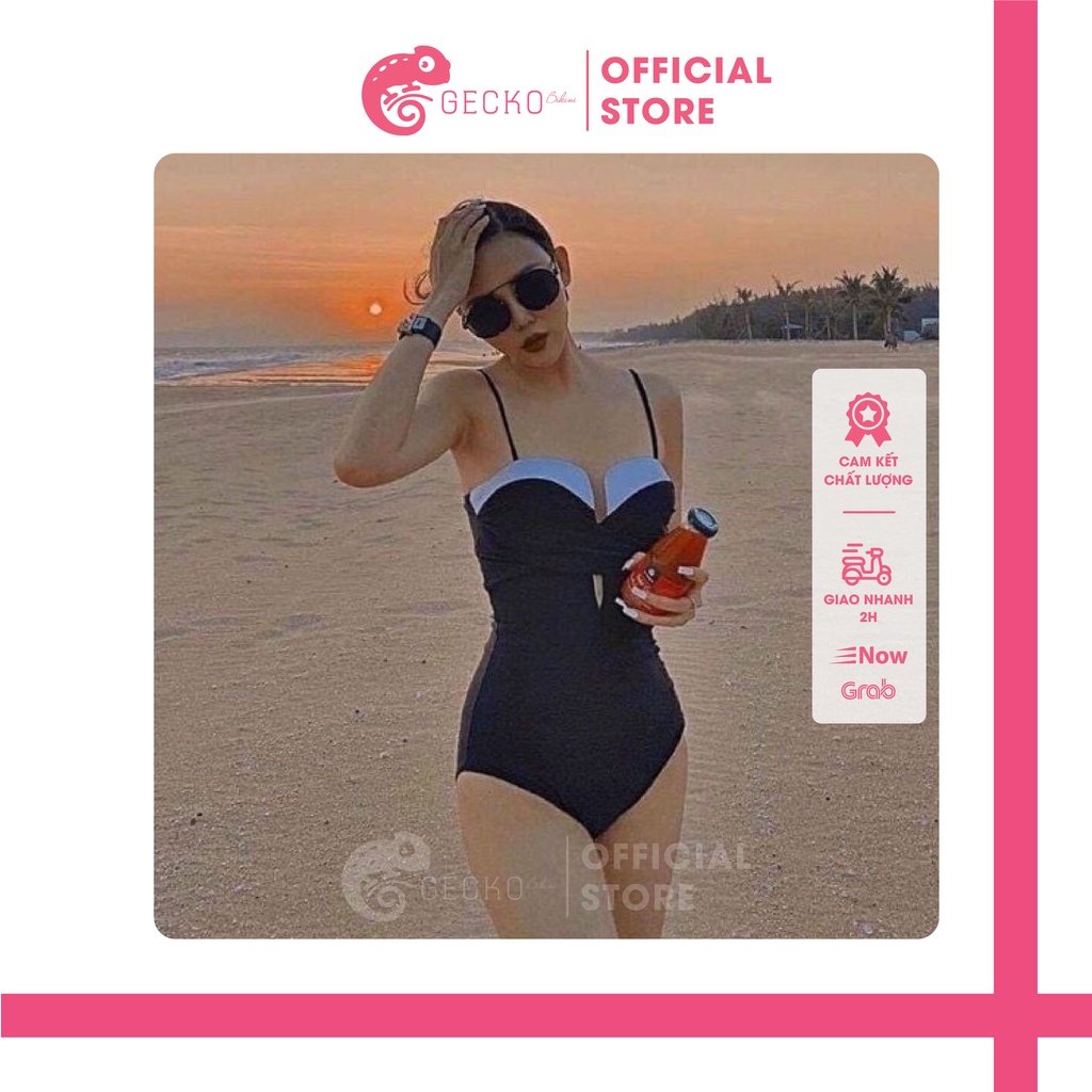 Bikini Đồ Bơi 1 Mảnh Cúp Ngực Xoắn Đen Phối Trắng Nâng Ngực GK0104 (Ảnh Thật)
