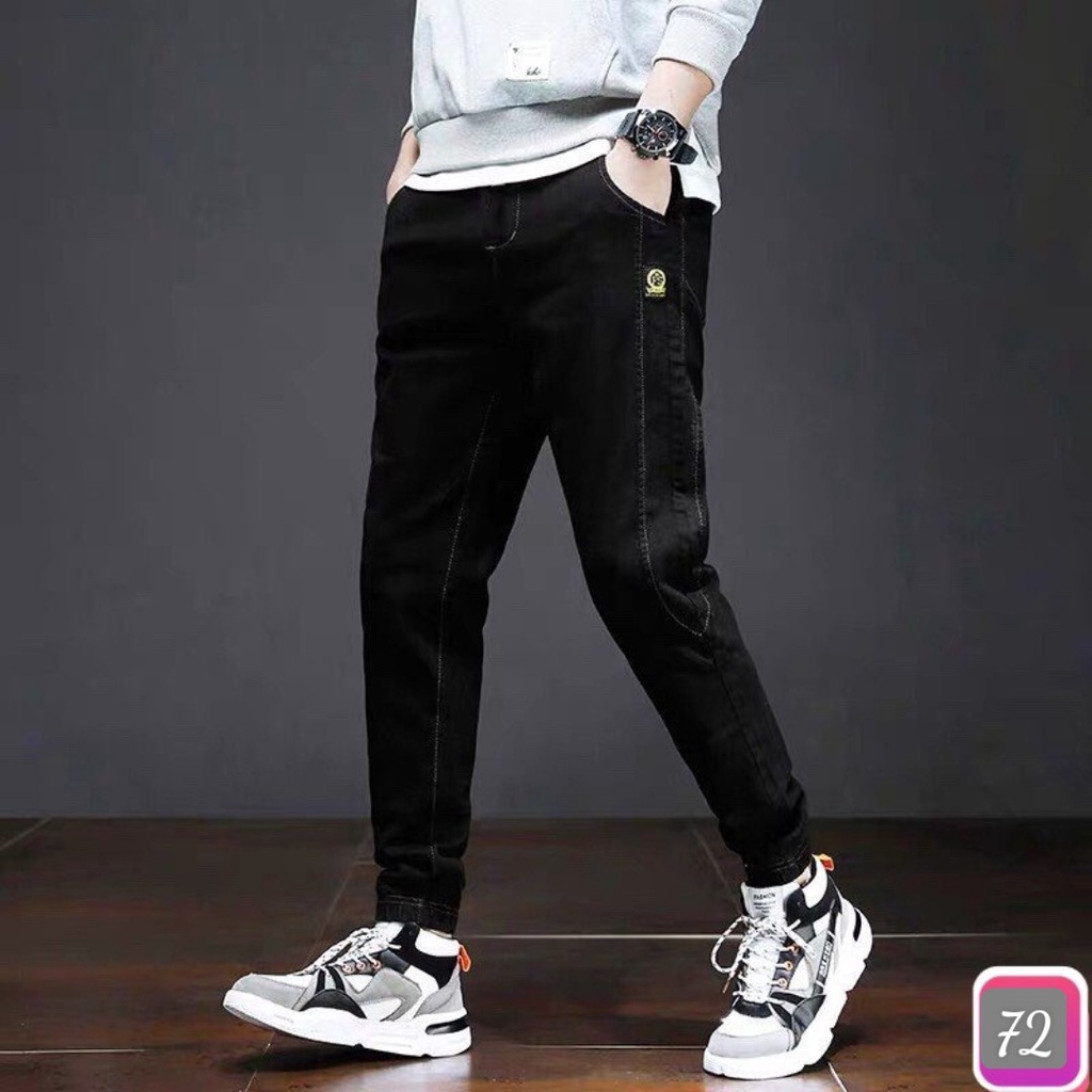 Quần Jogger Jeans Rin Nam Chất Bò Cao Cấp Xanh Đen Trơn Ống Bó Co Giãn Basic P71