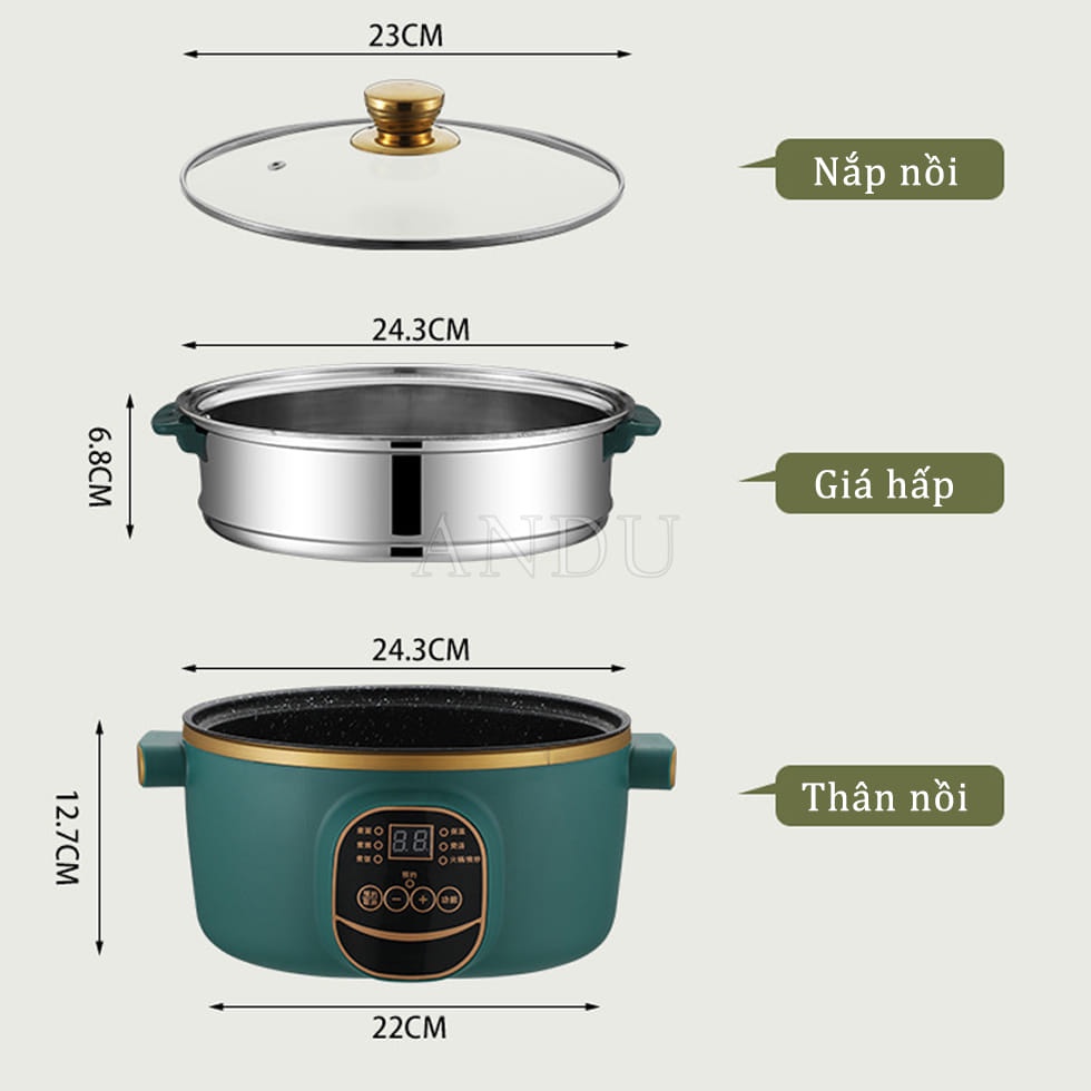 Nồi Lẩu Điện Electric Cooker Pot SHANBAN 24cm Chống Dính Vân Đá Có Thể Nấu Cơm,Cháo,Chiên,Xào,Hấp + Tặng Kèm hấp inox