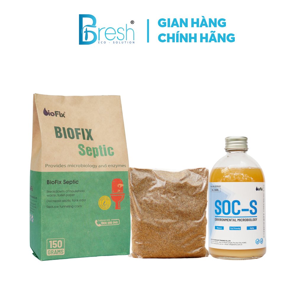(Combo: 2 gói, 1 chai)  BFRESH Vi sinh xử lý hầm tự hoại Biofix Septic và xử lý mùi hôi đường ống Biofix SOC-S 350ml