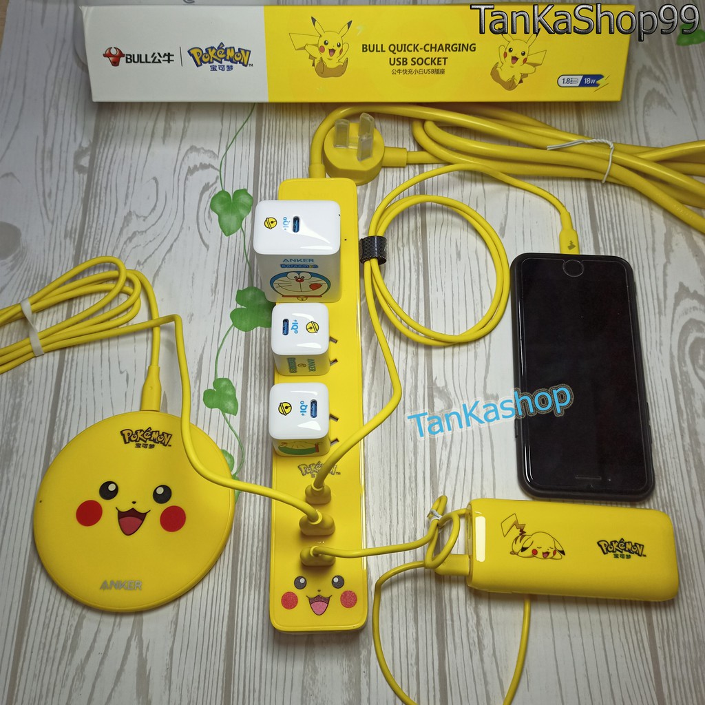 Ổ Cắm Điện Bull x Pokemon kiêm sạc nhanh  điện thoại 1 cổng TypeC PD  2 cổng sạc USB , 3 ổ cắm Dây Dài 1,8m