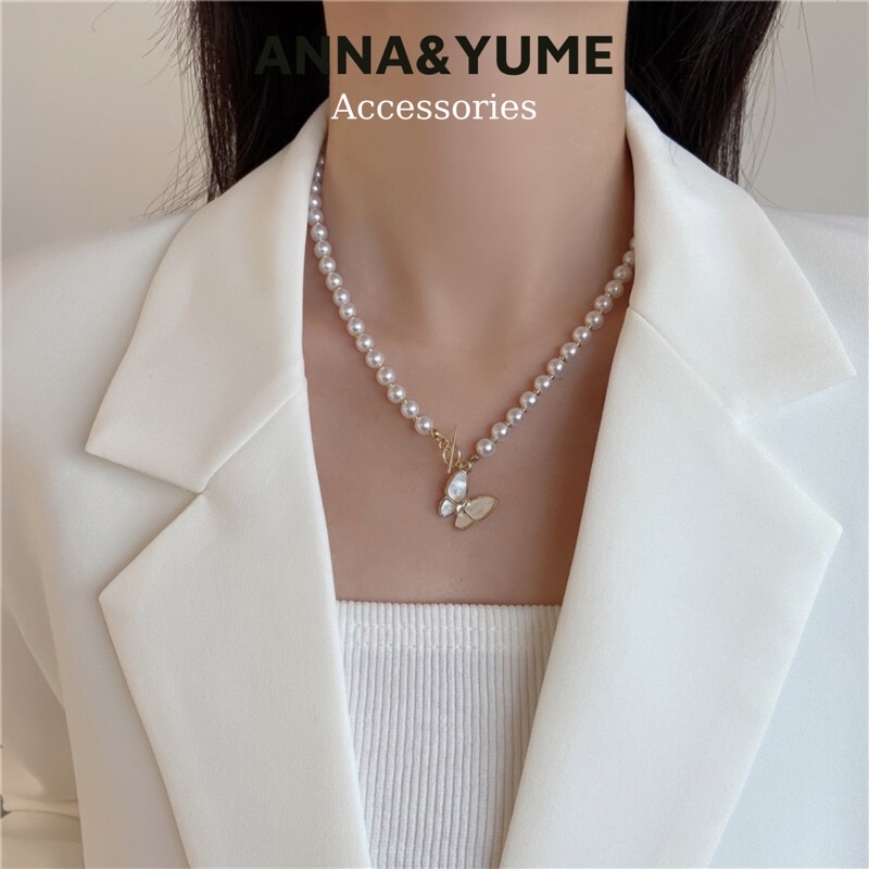 Dây chuyền ngọc trai nhân tạo hình bướm phong cách Retro Pháp, Vòng cổ ngọc trai hình bướm