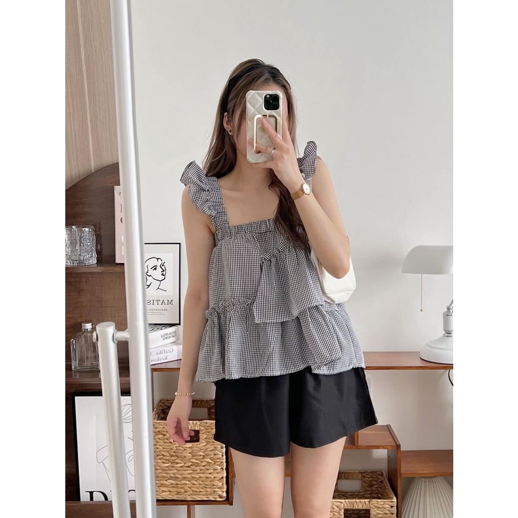 Set áo 2 dây bản to cổ vuông dáng babydoll quần short cạp cao SE028