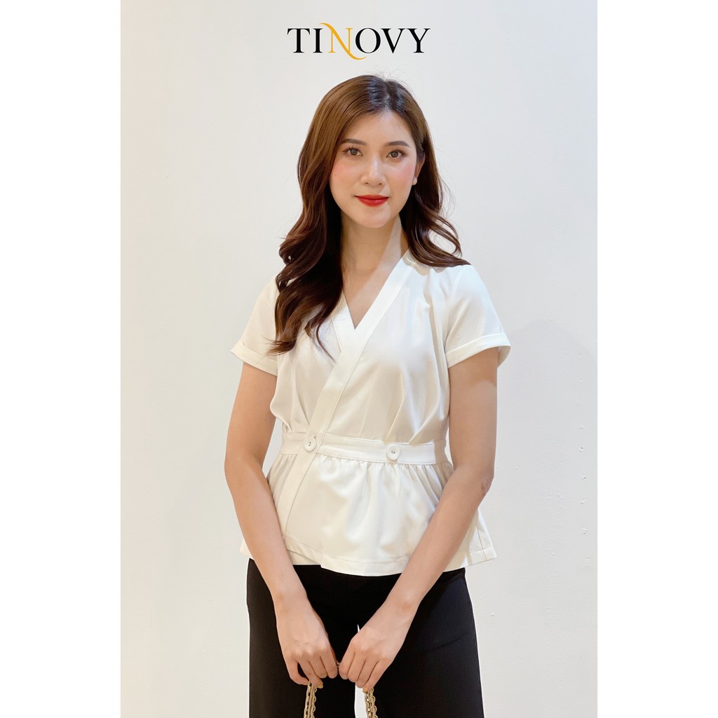 Áo kiểu tay dài cổ tim nẹp cài đan chần chỉ cho nữ công sở TINOVY H0192