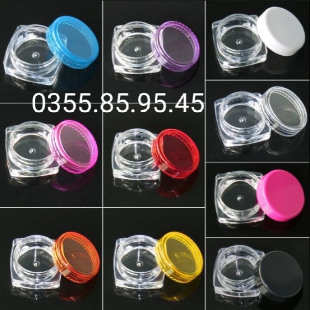 10 hũ nhựa pet chiết 3g và 5g thân trong đáy vuông loại xịn nắp nhiều màu đựng son dưỡng, kem, thuốc