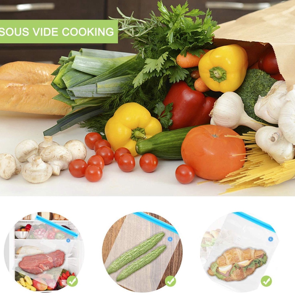 Set 20 Túi Chân Không Đựng Thực Phẩm Có Thể Tái Sử Dụng Kèm 1 Bơm Tay Và 3 Kích Cỡ Kẹp Niêm Phong