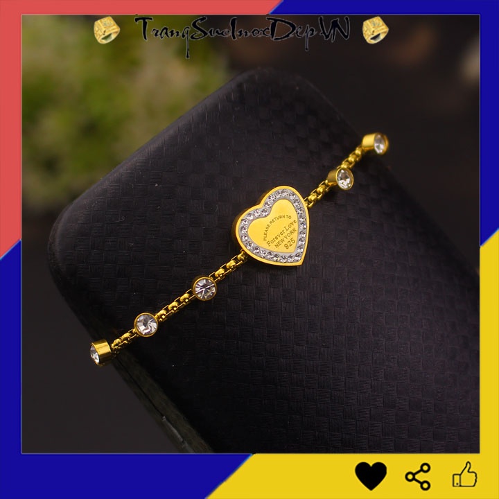 Lắc tay nữ ttian trái tim đính đá, dây rút màu vàng sang trọng, siêu đẹp, bền màu