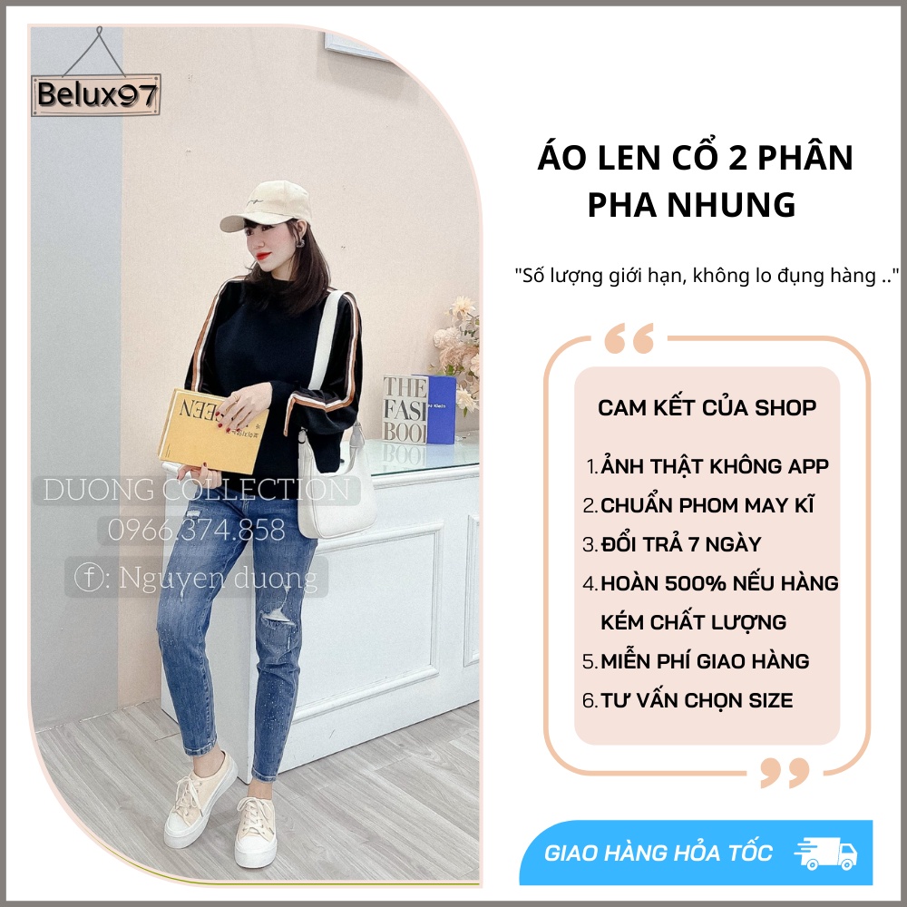 Áo len nữ phối tay BELUX cổ 2 phân hàn quốc, chất liệu len cao cấp tay phối họa tiết cách điệu phù hợp mặc bên trong Q3