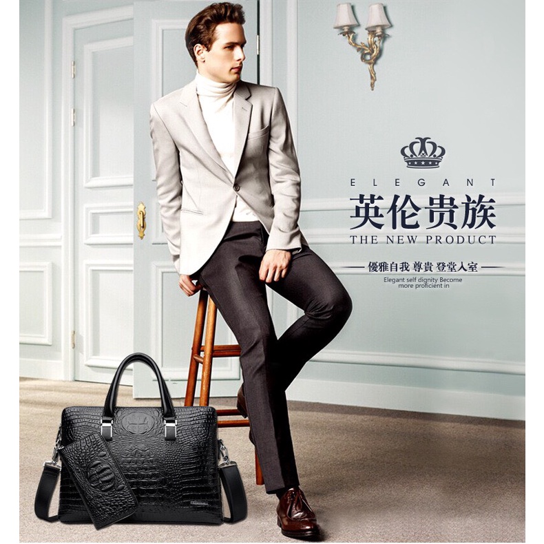 Túi xách cặp da công sở T85 39x28x8cm dập vân cá sấu tặng ví dài (Nâu-Đen) | BigBuy360 - bigbuy360.vn