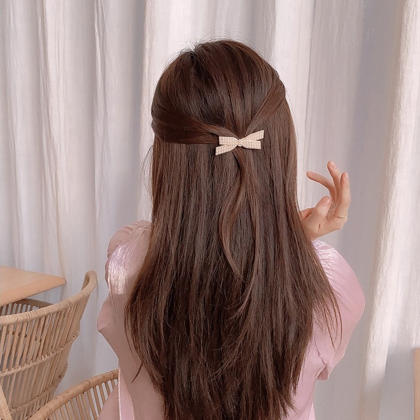 Kẹp tóc nơ nhỏ đính hạt tròn siêu yêu (01 cái)TOC21