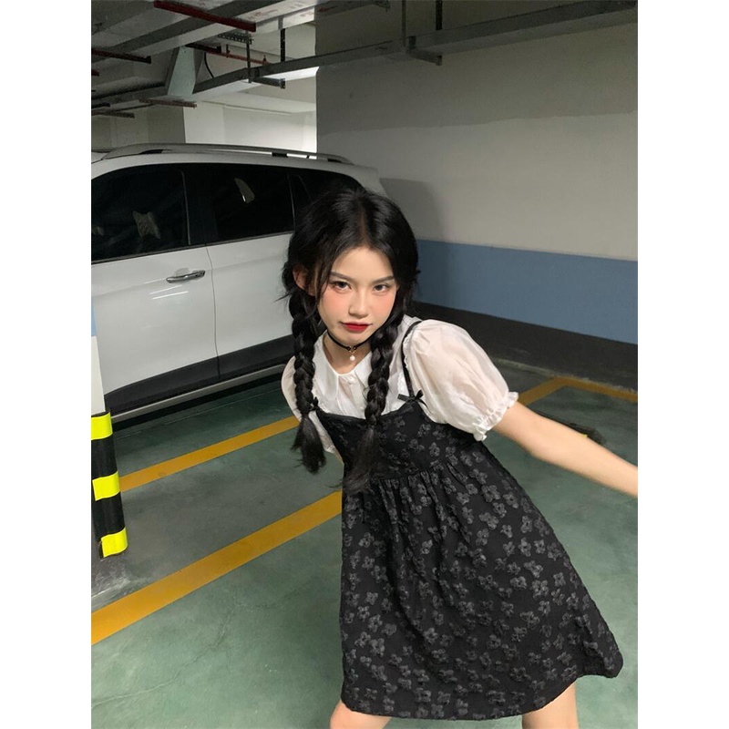 Bộ Áo Tay Phồng + Chân Váy Lưng Cao Họa Tiết Hoa Phong Cách retro Pháp Thời Trang Mùa Hè