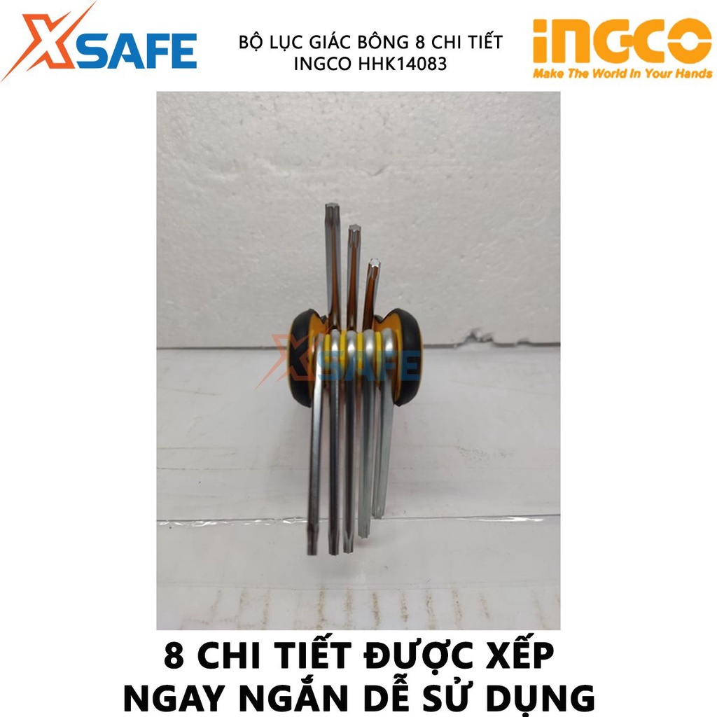 Bộ 8 chìa lục giác bông INGCO HHK14083 Lục giác đầu bông chất liệu CR-V, chịu nhiệt, mạ thép chrome - [XSAFE]
