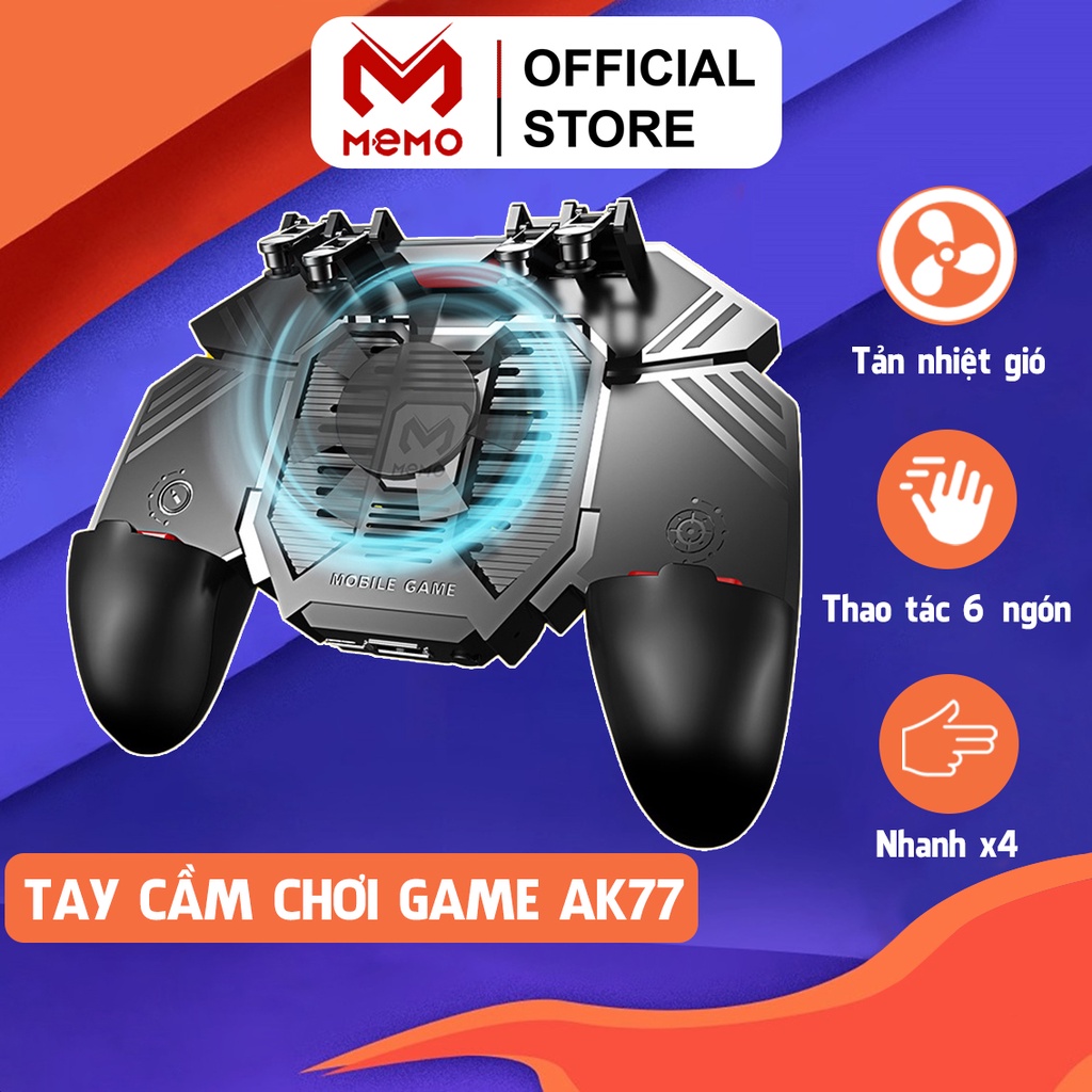 Tay cầm chơi game điện thoại MEMO AK77 không dây có pin kèm quạt tản nhiệt thao tác 6 ngón hỗ trợ ghìm tâm PUBG FF ROS