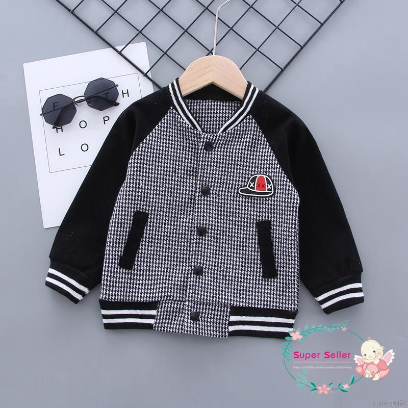 Áo khoác bóng chày vải cotton tay dài màu trơn thân áo kẻ ca rô điển thời trang dành cho bé trai
