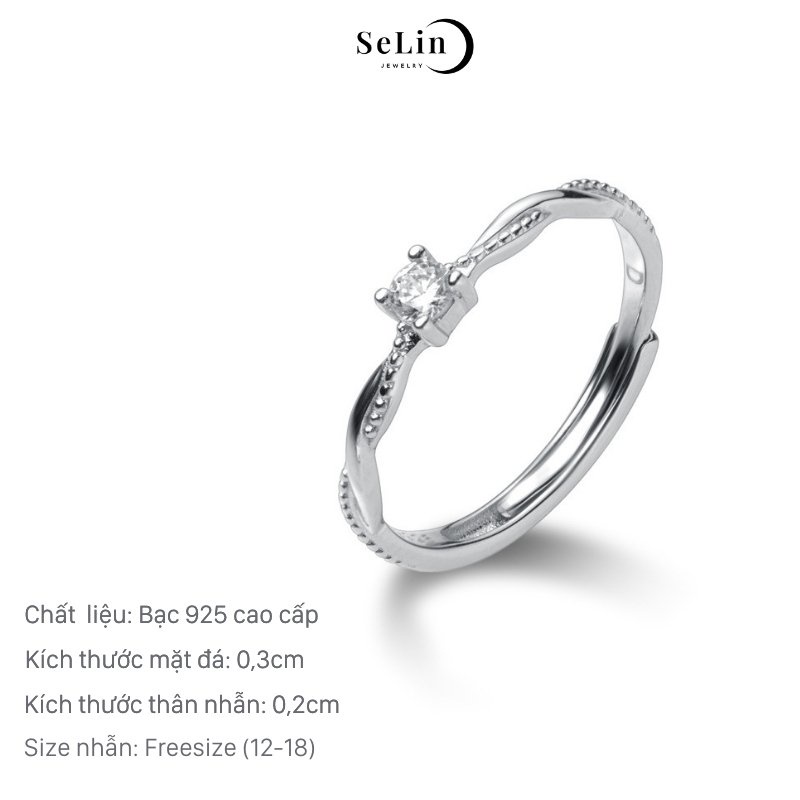 Nhẫn bạc 925 nữ đẹp đính đá cao cấp ổ  4 chấu thân chéo cá tính SELIN JEWELRY - 0013