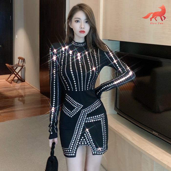 Đầm Nữ Đính Đá Eo Cao Bất Đối Xứng Thời Trang Thu Đông 2020