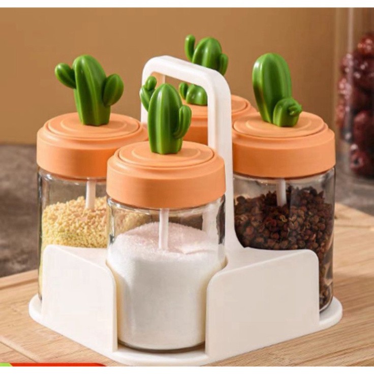 Set 4 Lọ đựng gia vị thủy tinh xương rồng cao cấp, hũ bột canh kèm muỗng thìa đẹp