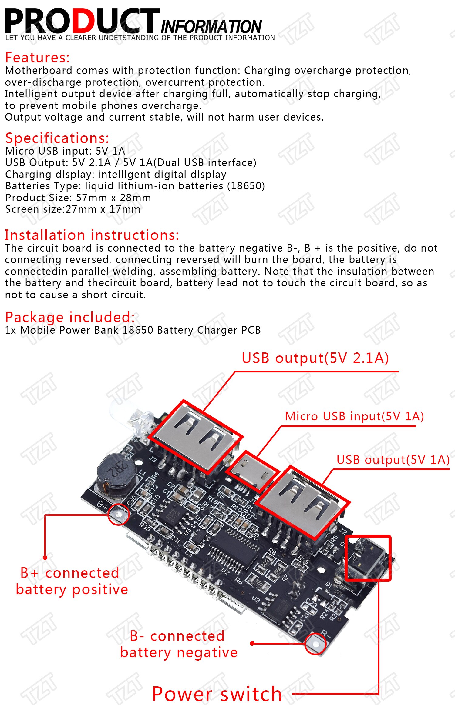 POWER POWER Mô Đun Sạc Pin Điện Thoại Di Động 5v 1a 2.1a 18650