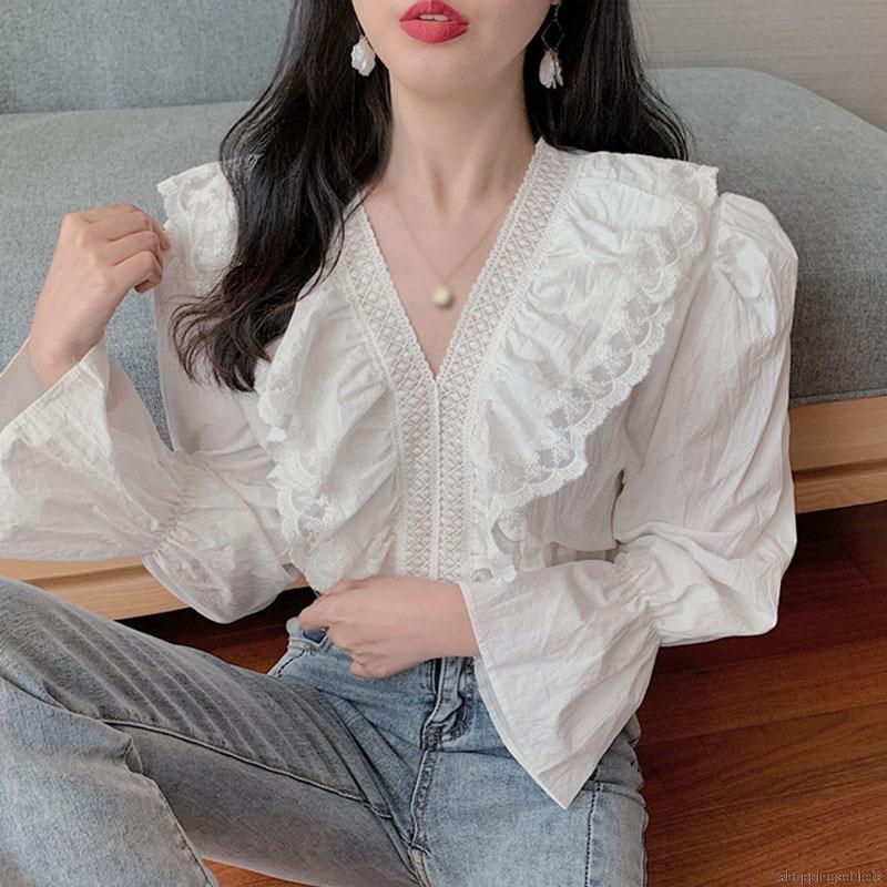 Áo Sơ Mi Tay Dài Phối Ren Thời Trang Cho Nữ