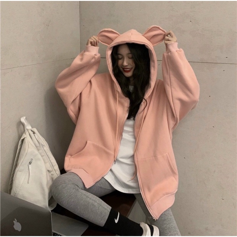 Áo khoác hoodie from rộng chất nỉ ngoại cao cấp có tai thỏ