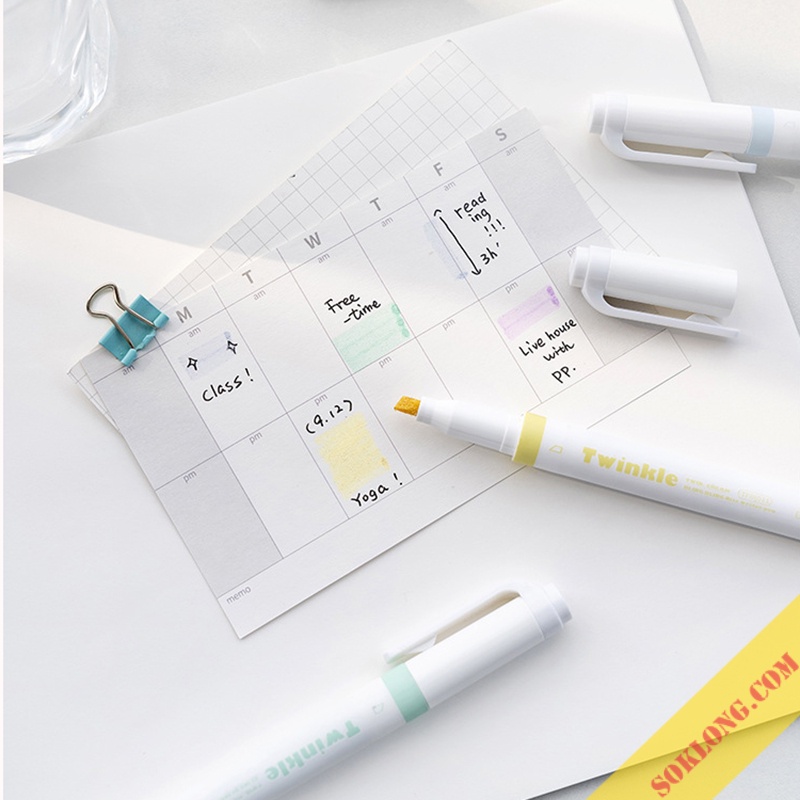 Bộ 4 bút higlight 2 đầu nhũ kim tuyến Twinkle B43 màu dạ quang ánh kim bút nhớ Pastel
