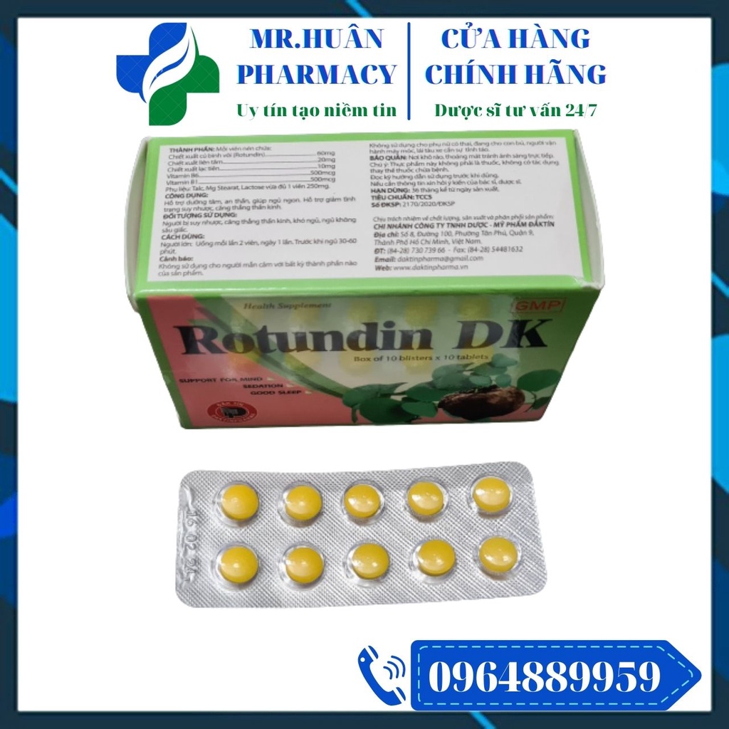 Rotundin DK (Hộp 100 viên) - Hỗ trợ dưỡng tâm, an thần, giúp ngủ ngon, giảm tình trạng suy nhược, căng thẳng thần kinh