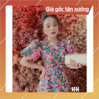 Bán sỉ set áo dài hoa gấm hồng xanh màu mẹ bé