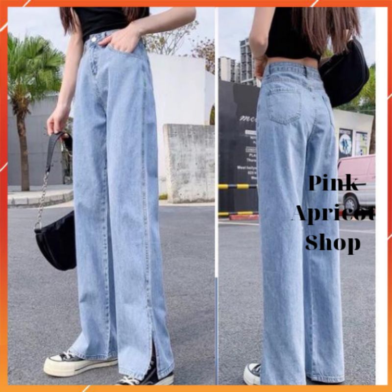 Quần bò ống rộng nữ đen cạp cao Pink Apricot Shop