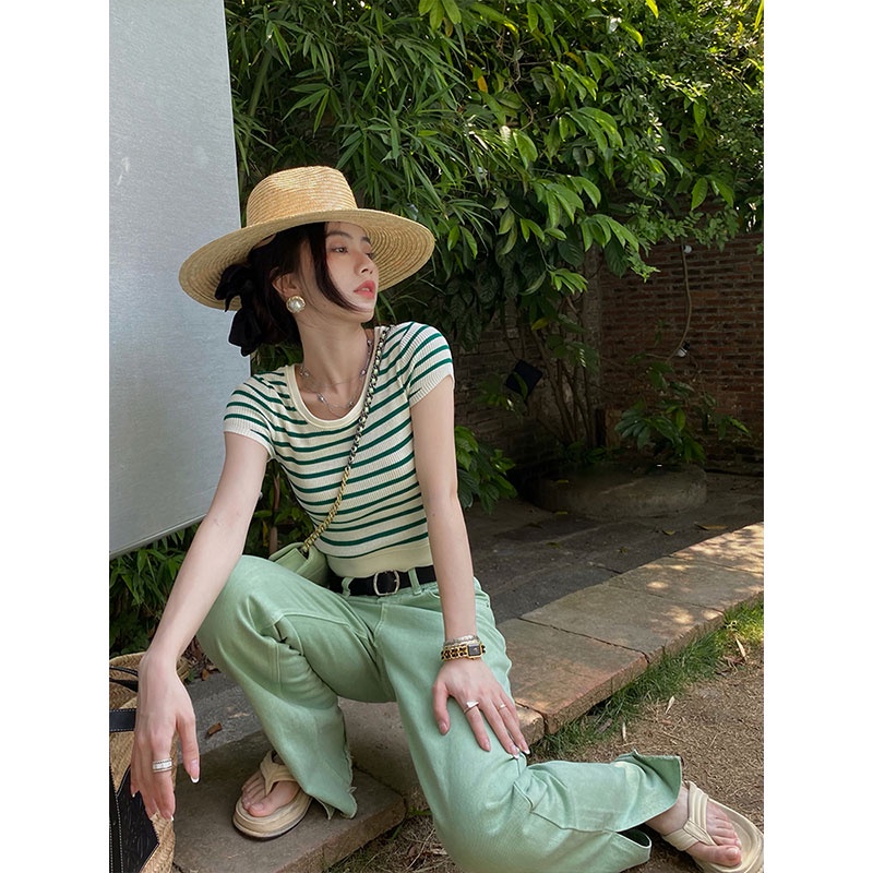 Áo Thun Dệt Kim Cổ Tròn Dáng Ôm Họa Tiết Kẻ Sọc Màu Sắc Tương Phản Thời Trang Cho Nữ