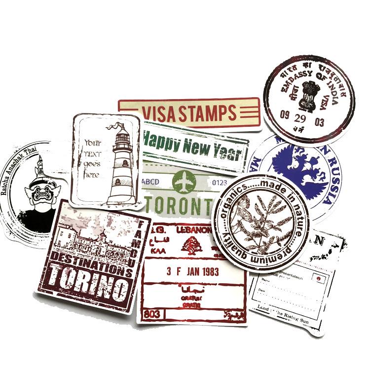 Bộ sticker chống thấm nước trang trí mũ bảo hiểm, laptop chủ đề retro visa stamp