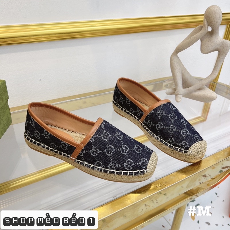 Giày slip on guci hoạ tiết xanh đế cói fullbox