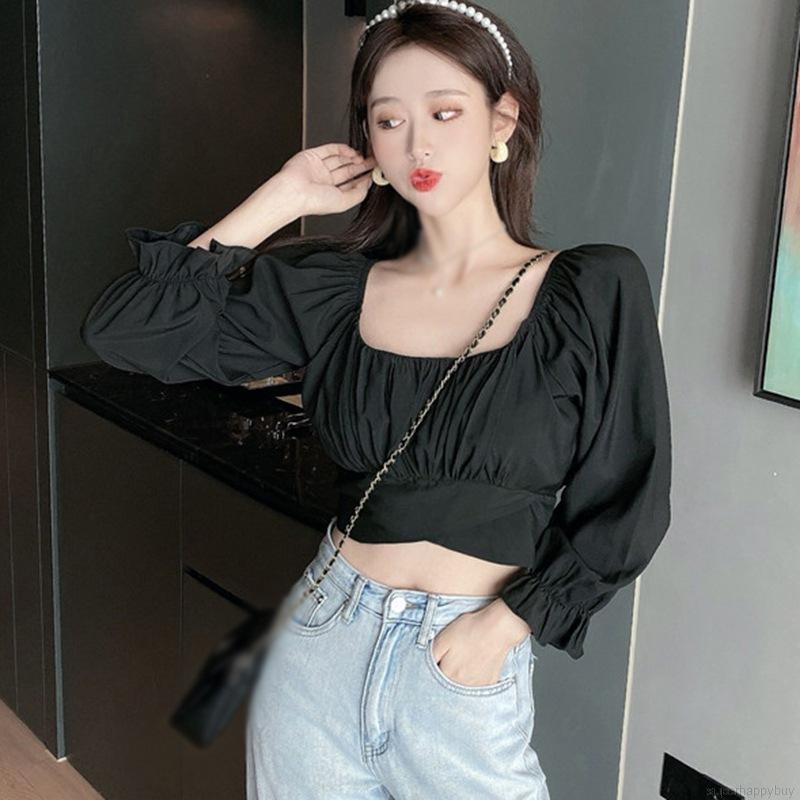 Áo Croptop Tay Dài Cổ Vuông Màu Trơn Thắt Nơ Sau Lưng Phong Cách Hàn Quốc Cho Nữ