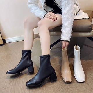 Boots nữ cổ ngắn da trơn gót vuông cao 5cm có khoá kéo