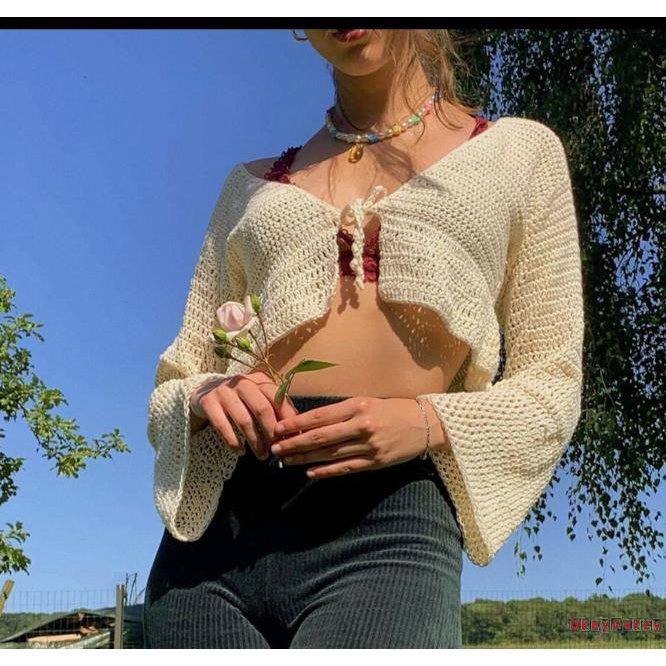 OKDK-Women Vintage Knitted Crop Top Y2K Aesthetic Tie-up Cardigans Retro Long Sleeve V-neck T-shirt Sweaters