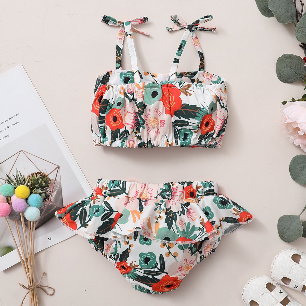 Set đồ bơi 2 mảnh MIKRDOO gồm áo 2 dây in hoa + quần short thời trang mùa hè cho bé gái