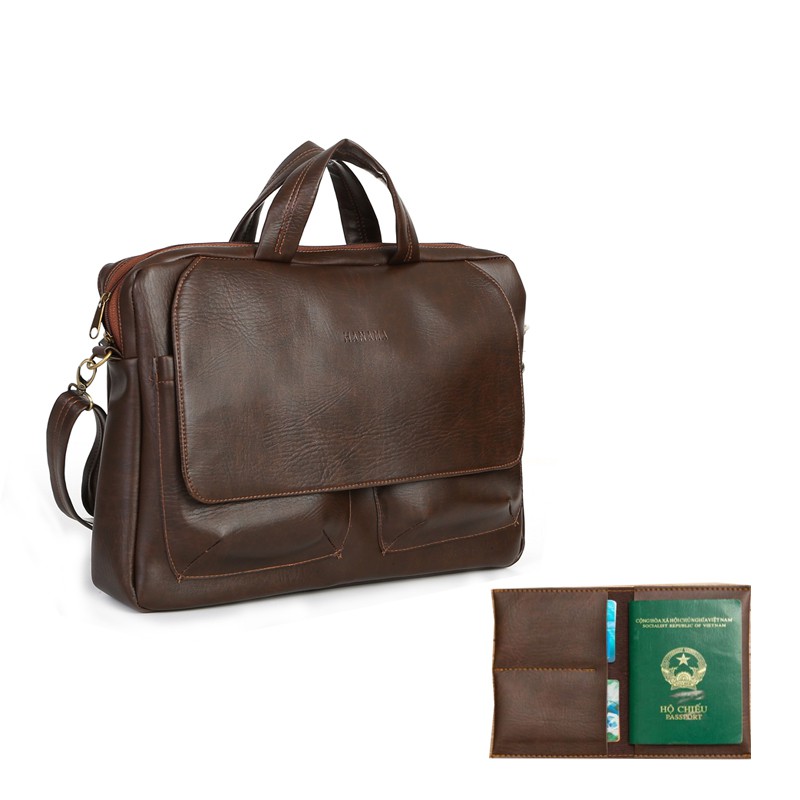 Túi công sở đựng laptop HANAMA G8 tặng kèm ví hộ chiếu C10 cafe