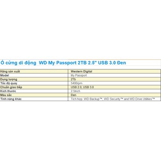 Ổ cứng di động  2TB 2.5" USB 3.0 Đen