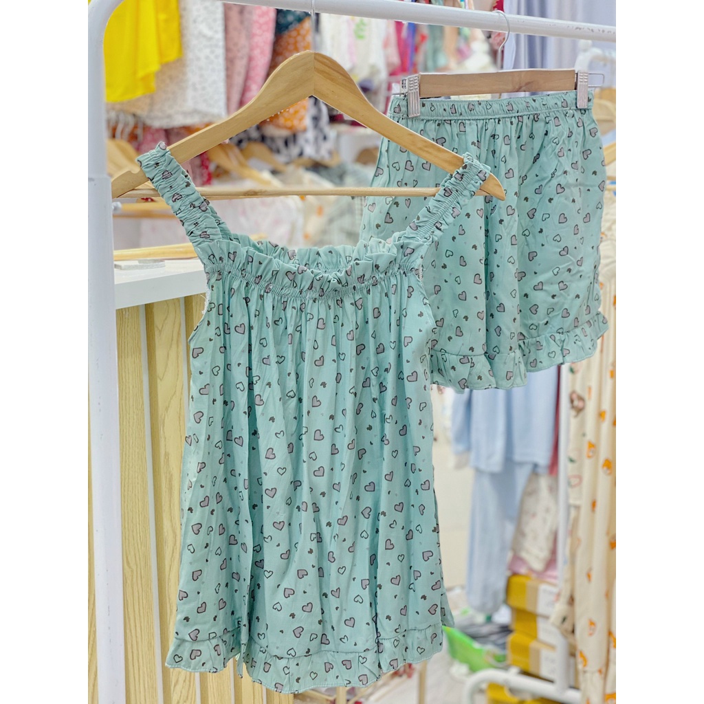 Bộ mặc nhà Pyjama hai dây chất đũi nhắn Hàn Tea Store chất vải mềm họa tiết dễ thương