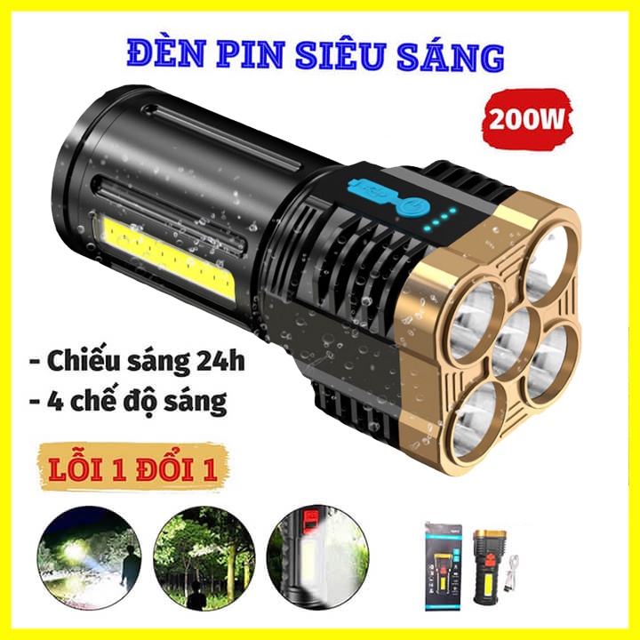 Đèn pin cầm tay siêu sáng chiếu xa 200m, chống thấm nước, đèn pin sạc tích điện 5 bóng có COB đèn cạnh