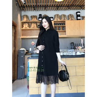 EVERMOM | Đầm bầu sơ mi đen chân ren tay dài ( form mặc được sau sinh )