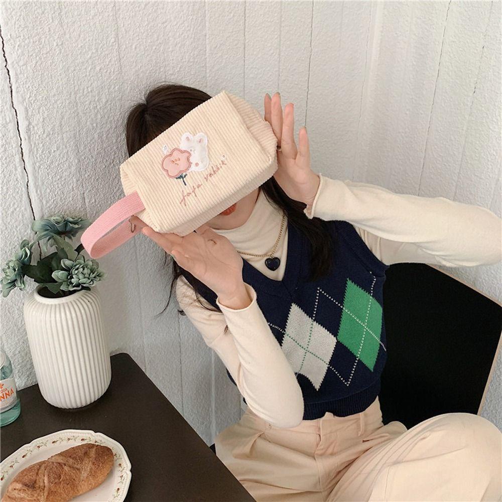 Túi Đựng Đồ Trang Điểm Bằng Vải Nhung Thêu Hình Thỏ Có Khóa Kéo Cho Nữ