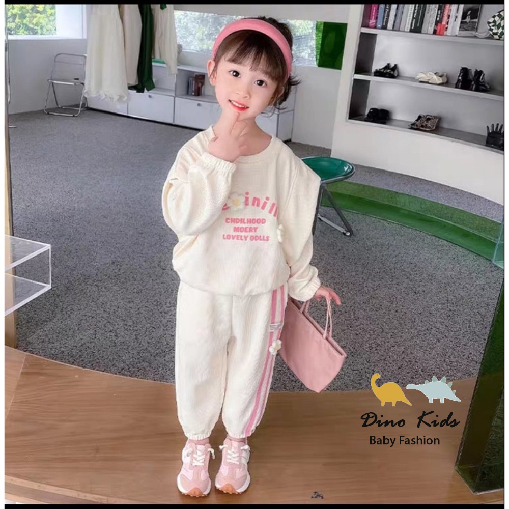 Bộ thu đông bé gái, bộ dài tay bé gái chất tổ ong loại 1 hoa len điểm nhấn cho bé