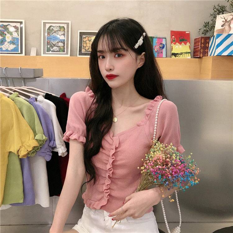 Áo Dệt Kim Tay Ngắn Cổ Chữ V Phong Cách Hàn Quốc Cho Nữ | BigBuy360 - bigbuy360.vn