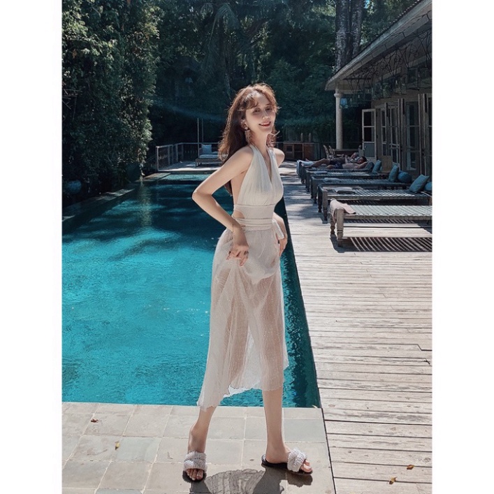 Bikini 1 mảnh đẹp LUHAZO giá rẻ hở lưng hottrend kiểu Hàn Quốc quảng châu kèm váy trắng kín đáo sexy 1206 DK8T402