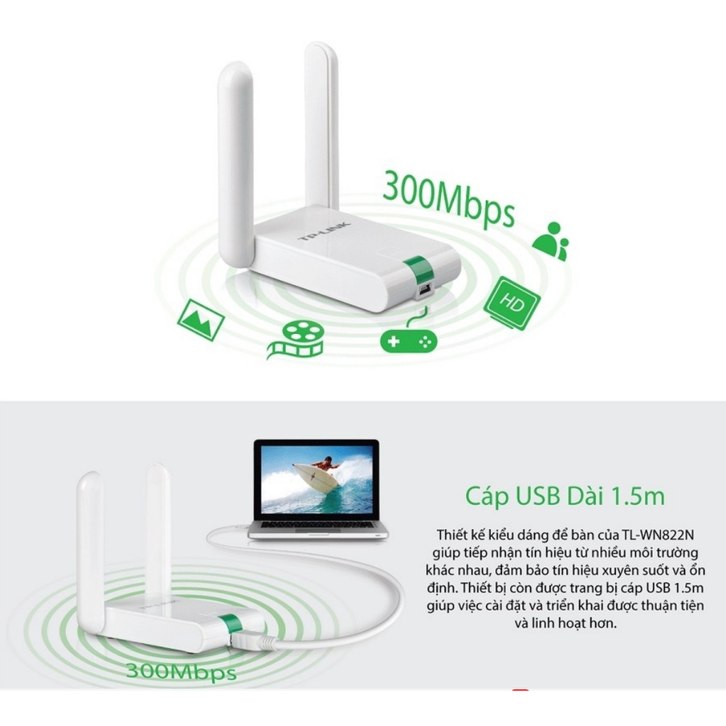 TP-Link N 300Mbps USB kết nối Wi-Fi Độ lợi cao- TL-WN822N - Hàng Chính Hãng | BigBuy360 - bigbuy360.vn