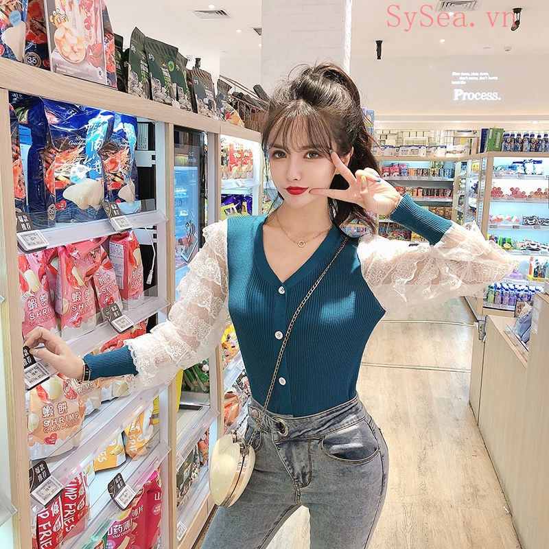 Áo khoác len tay dài xẻ cổ chữ V phong cách thời trang cho phái nữ