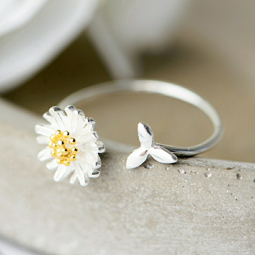 Nhẫn bạc nữ đẹp nhẫn bạc phối mặt hoa cúc hợp thời trang