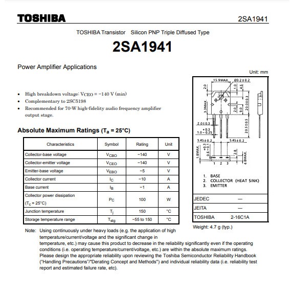 Cặp sò công suất A1941 C5198 140V 100W tháo máy lưng đồng đẹp chân dài - Vinatech